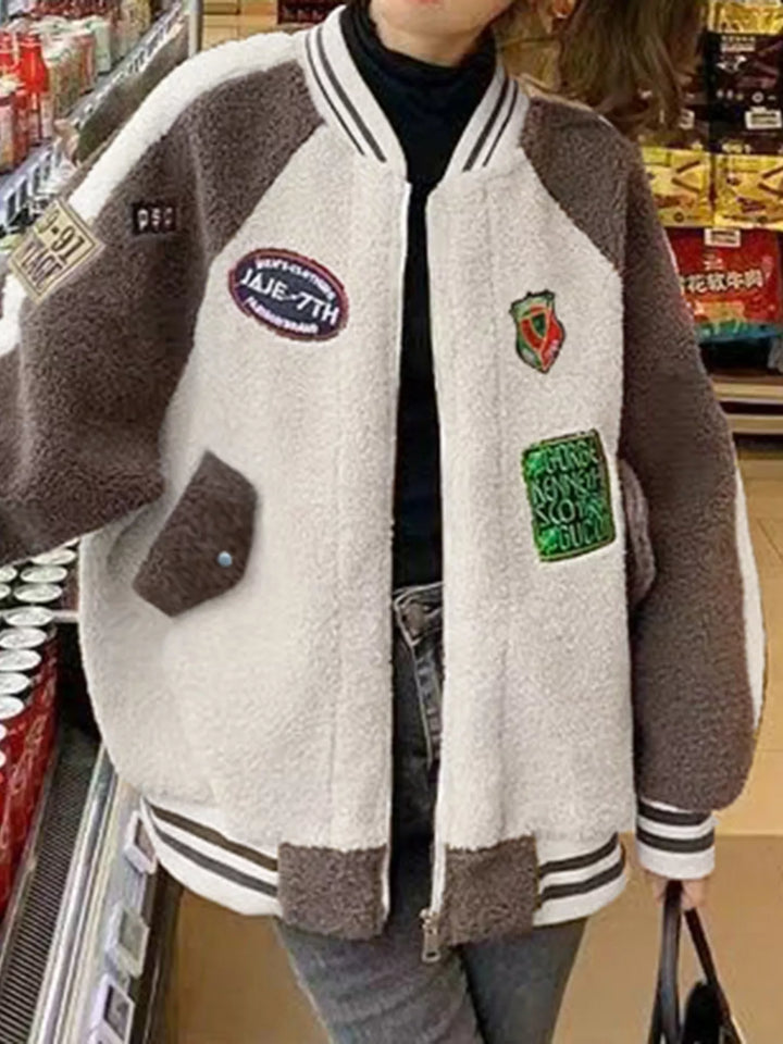 Khaki Zip-up sherpa fleece varsity jacket with embroidered patches