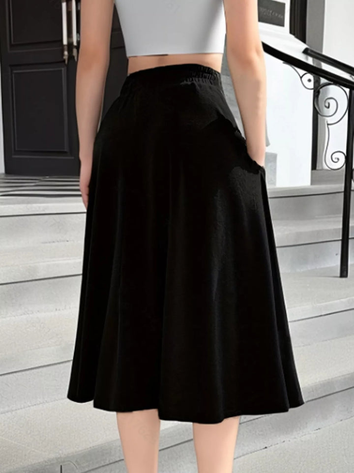 Elastic waist A-line midi skirt with pockets