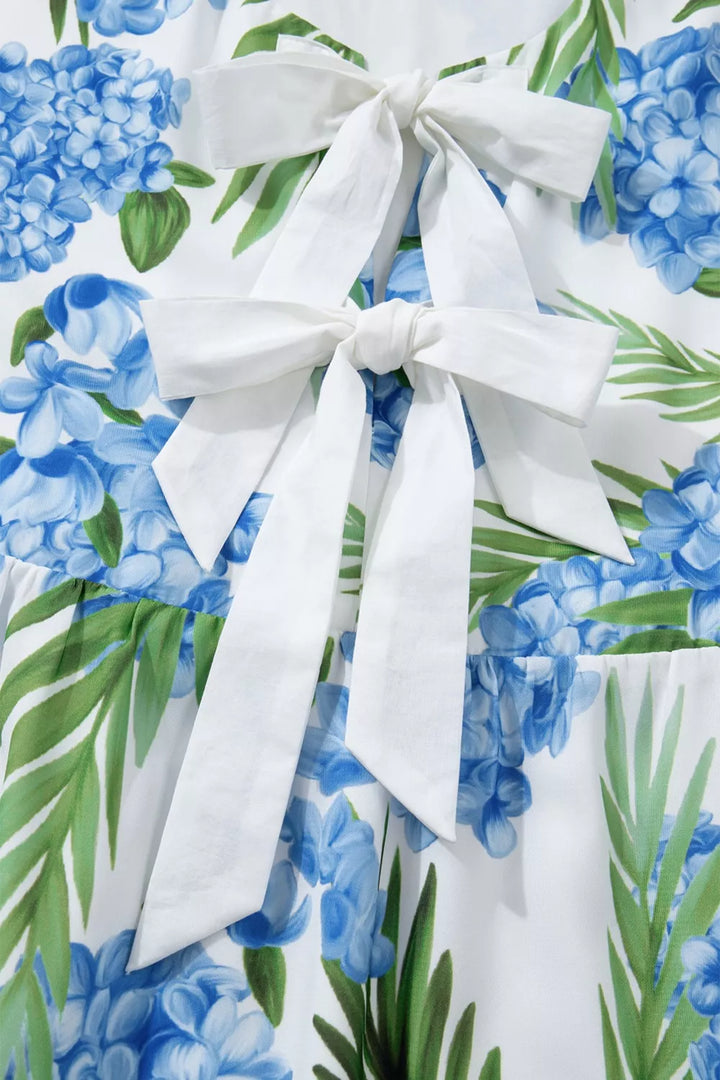 Floral print tiered bell sleeve mini dress with bow