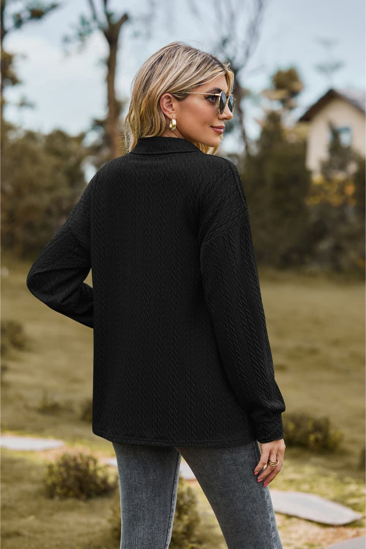 Textured knit collared top with half-button placket