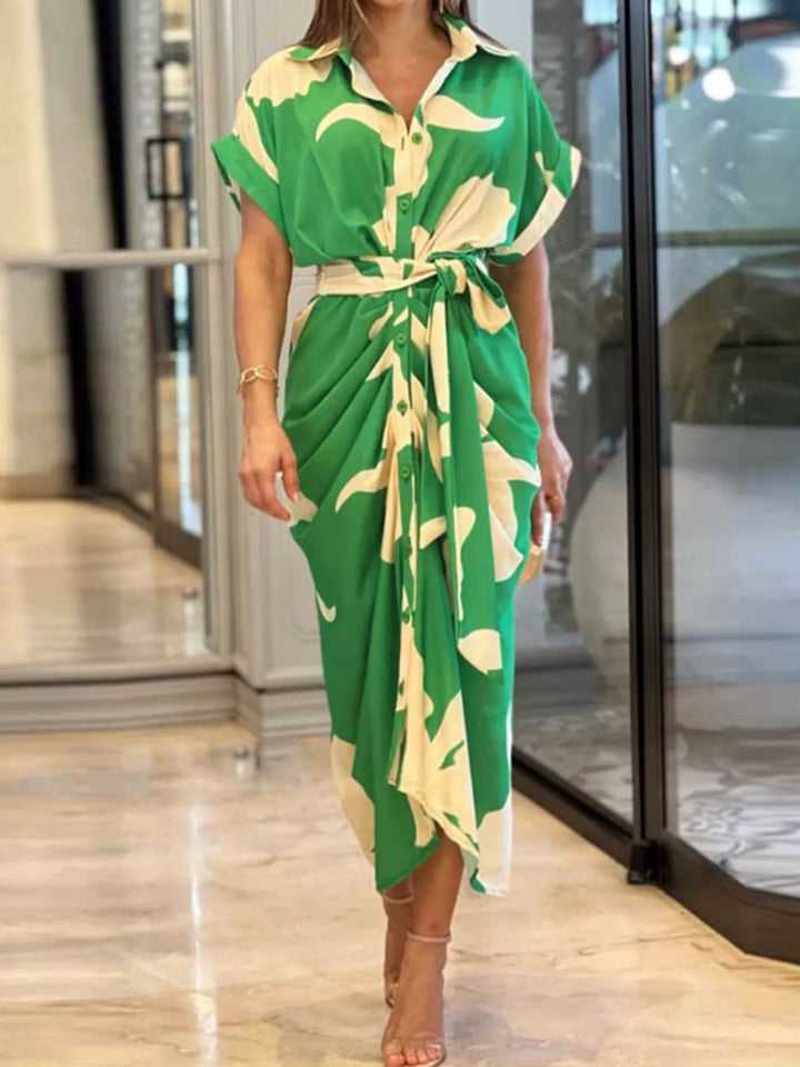 Green Abstract print short sleeve maxi shirt dress