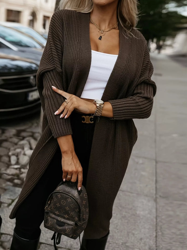 Brown Open-front longline chunky ribbed knit cardigan