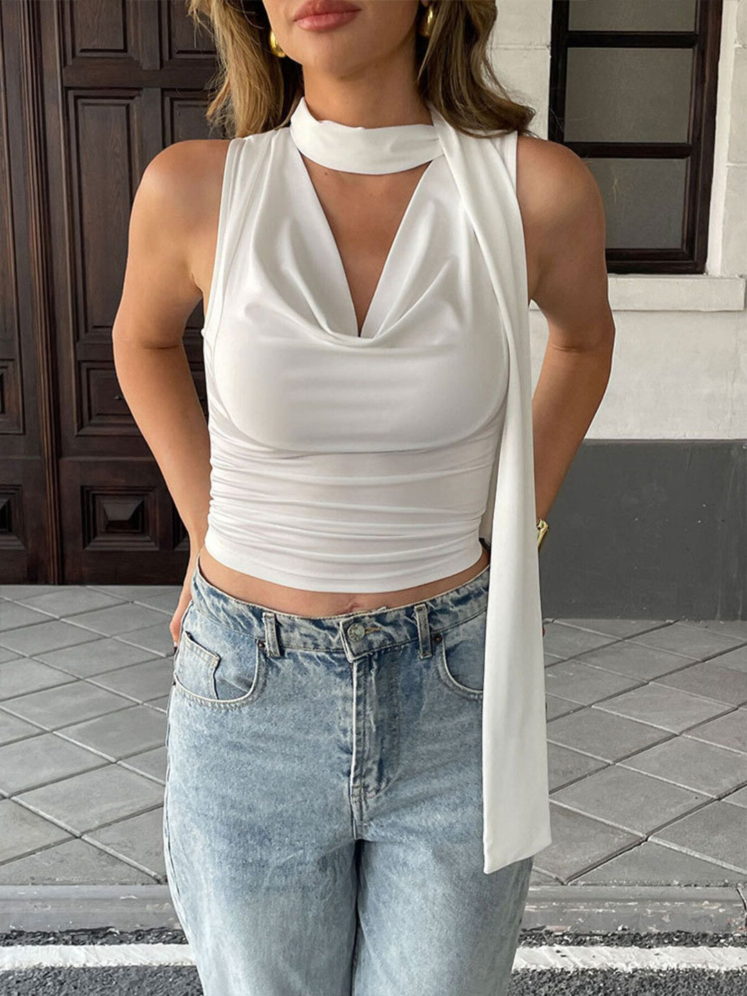 White Ruched cowl neck cami with tie choker neckline