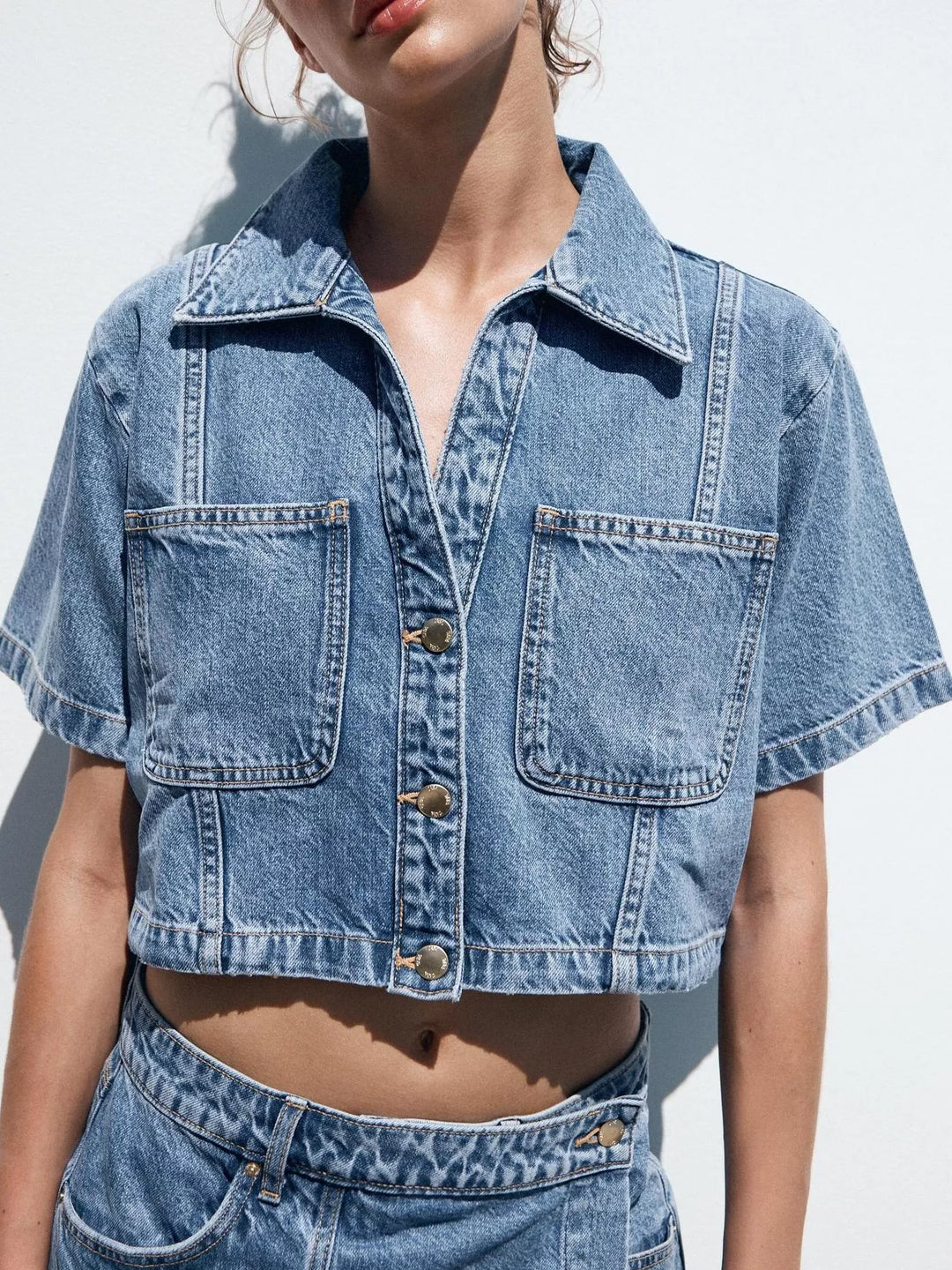 Contrast-stitch denim button-up crop shirt and skort set