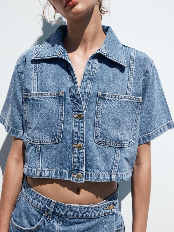 Contrast-stitch denim button-up crop shirt and skort set