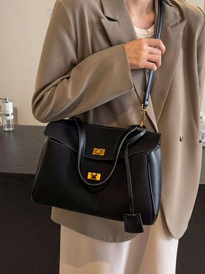 Black Turn-lock flap satchel bag with detachable shoulder strap
