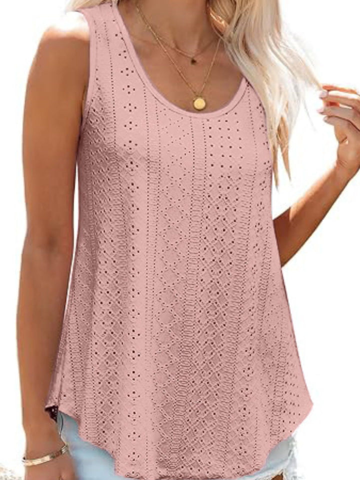 Eyelet knit scoop neck flowy swing tank top