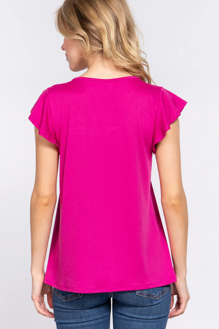 Flutter sleeve knit top with lace yoke detail