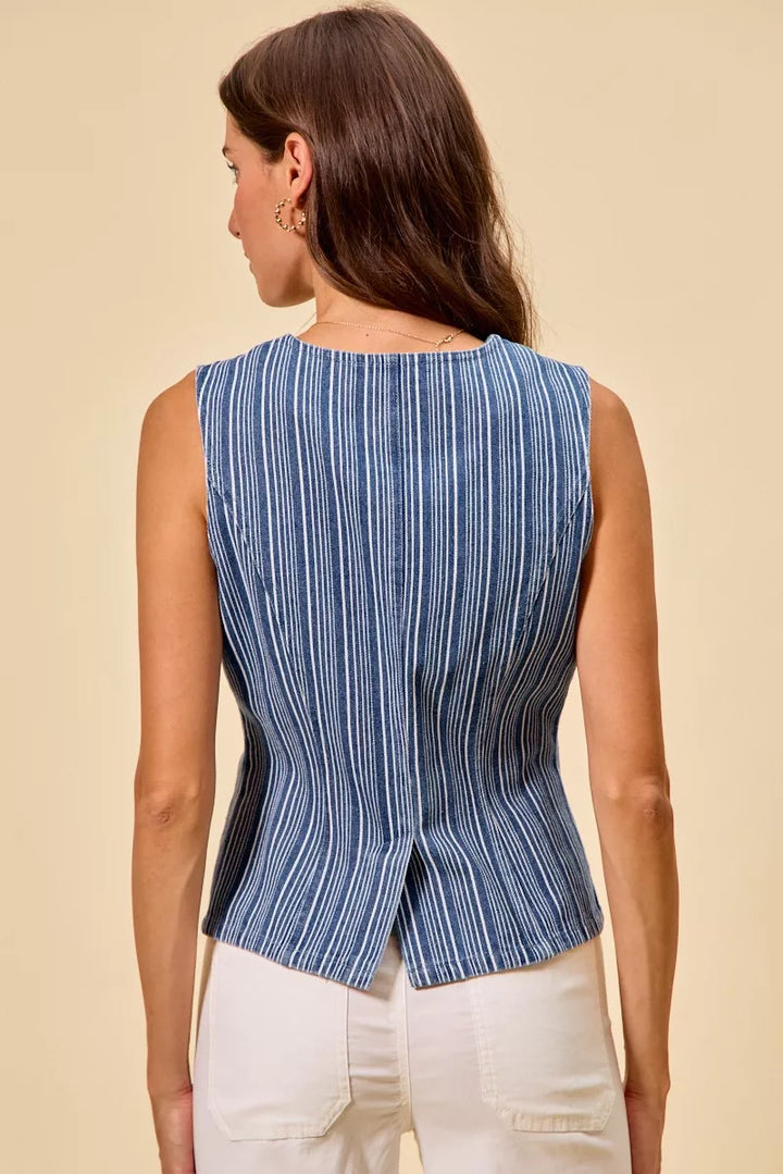 Striped denim button-front vest top with gold buttons