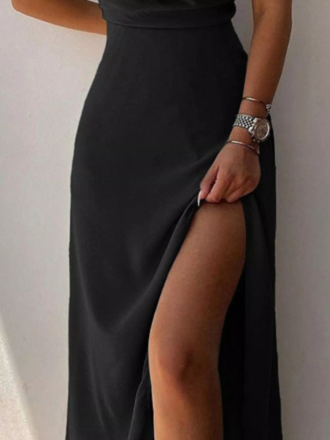 Draped V-neck spaghetti strap maxi dress with high slit