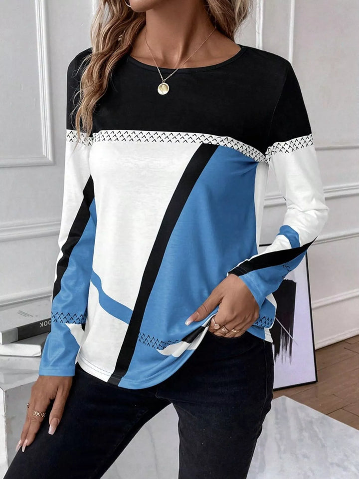 Geometric color block long sleeve crew neck top