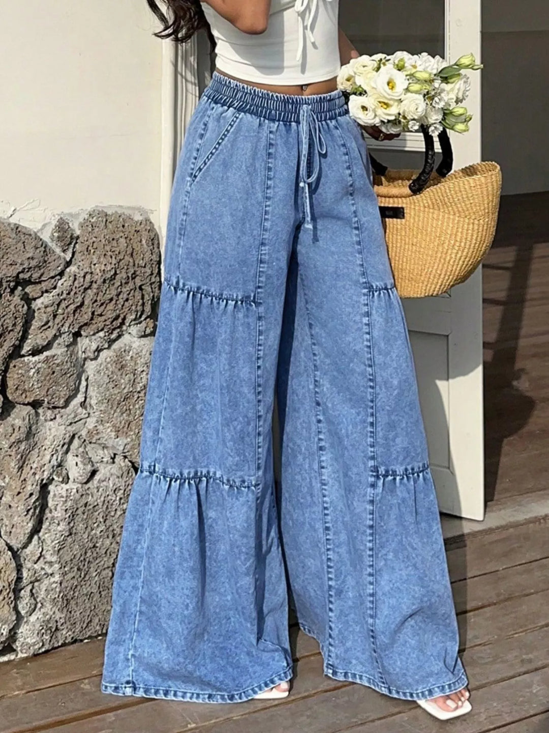 Tiered wide leg denim pants with drawstring waist