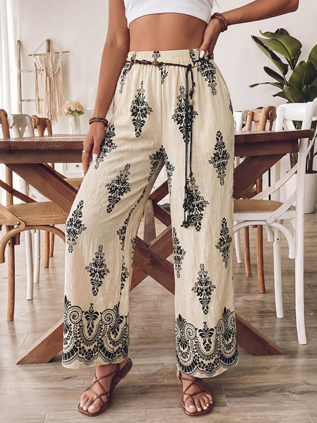 Boho medallion print wide-leg drawstring pants