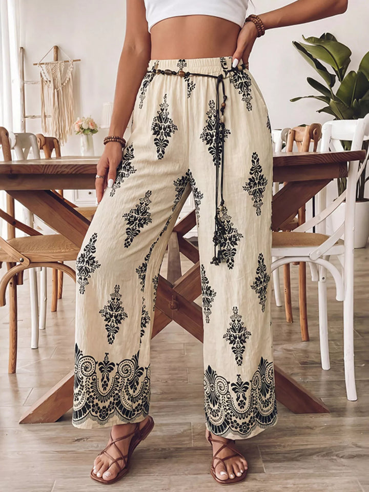 Boho medallion print wide-leg drawstring pants