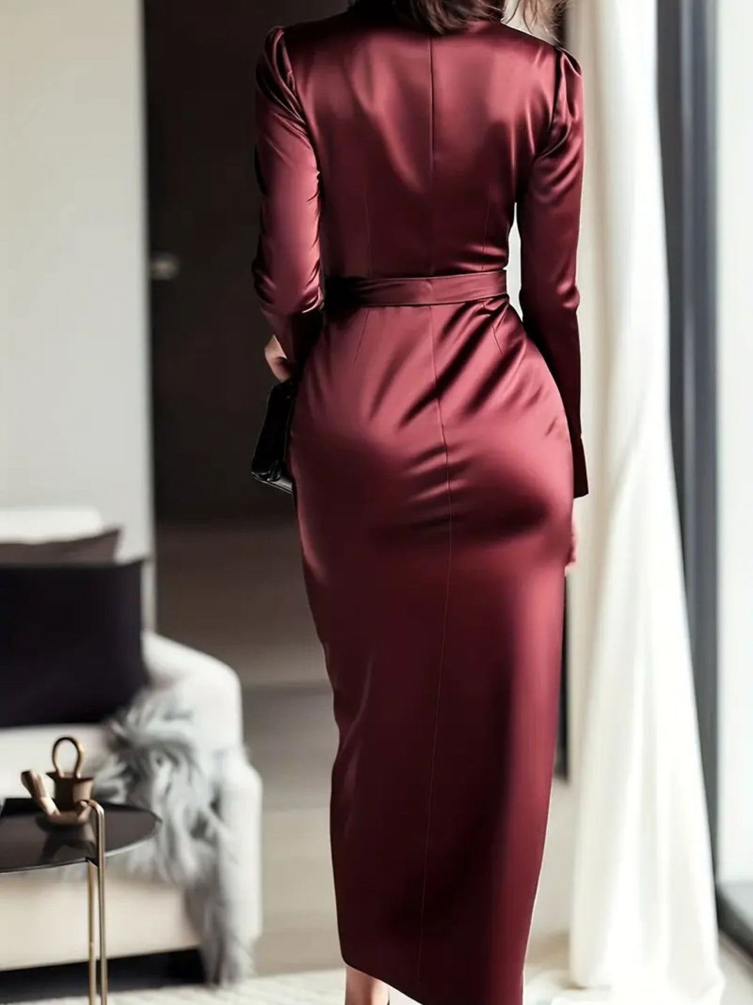 Ruched satin maxi dress with tie waist and long sleeves