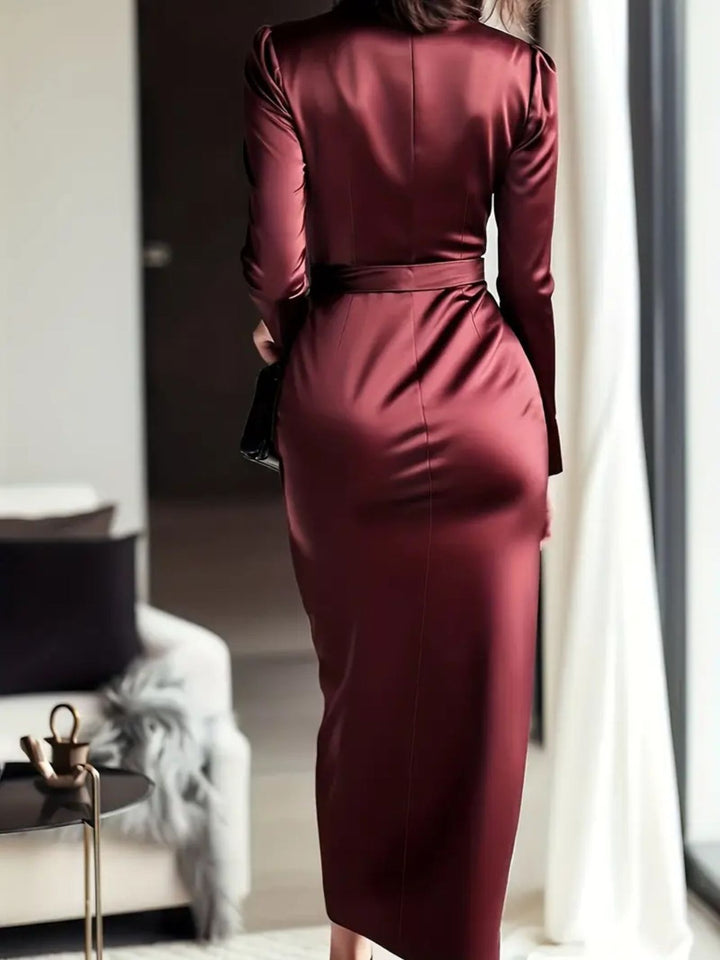 Ruched satin maxi dress with tie waist and long sleeves