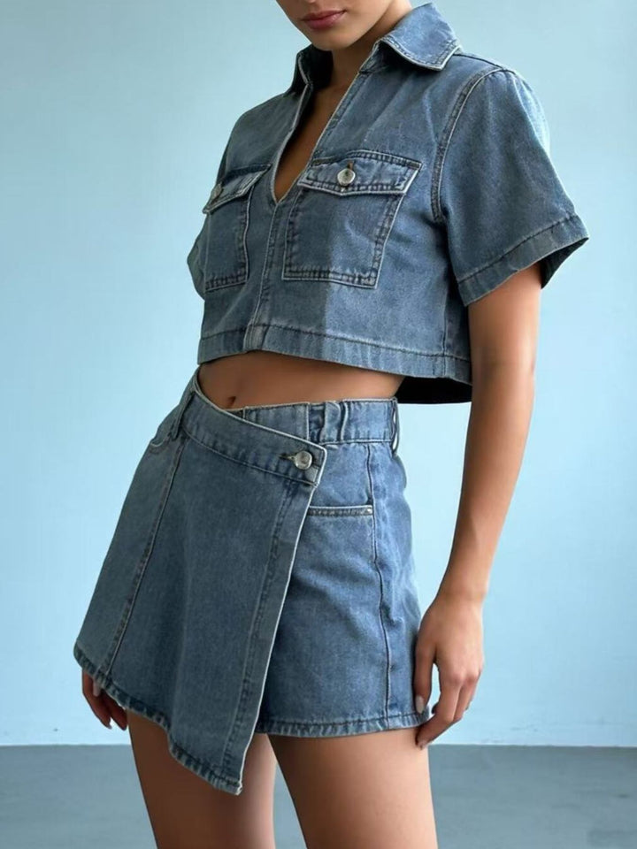 Cropped denim button-up top and mini skort set