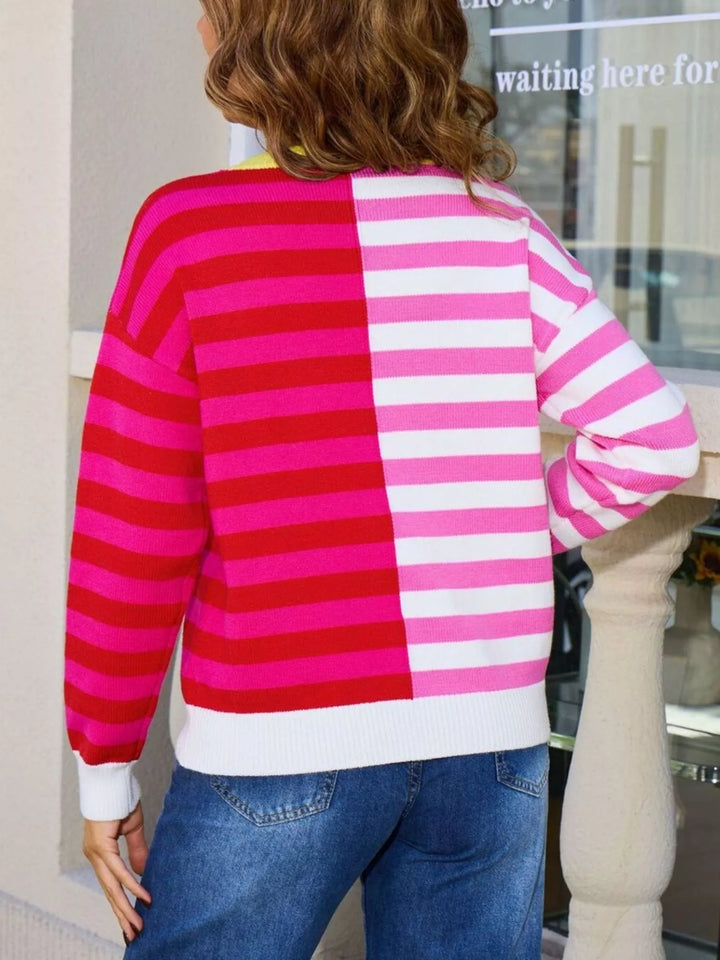 Colorblock striped crewneck sweater with contrast collar