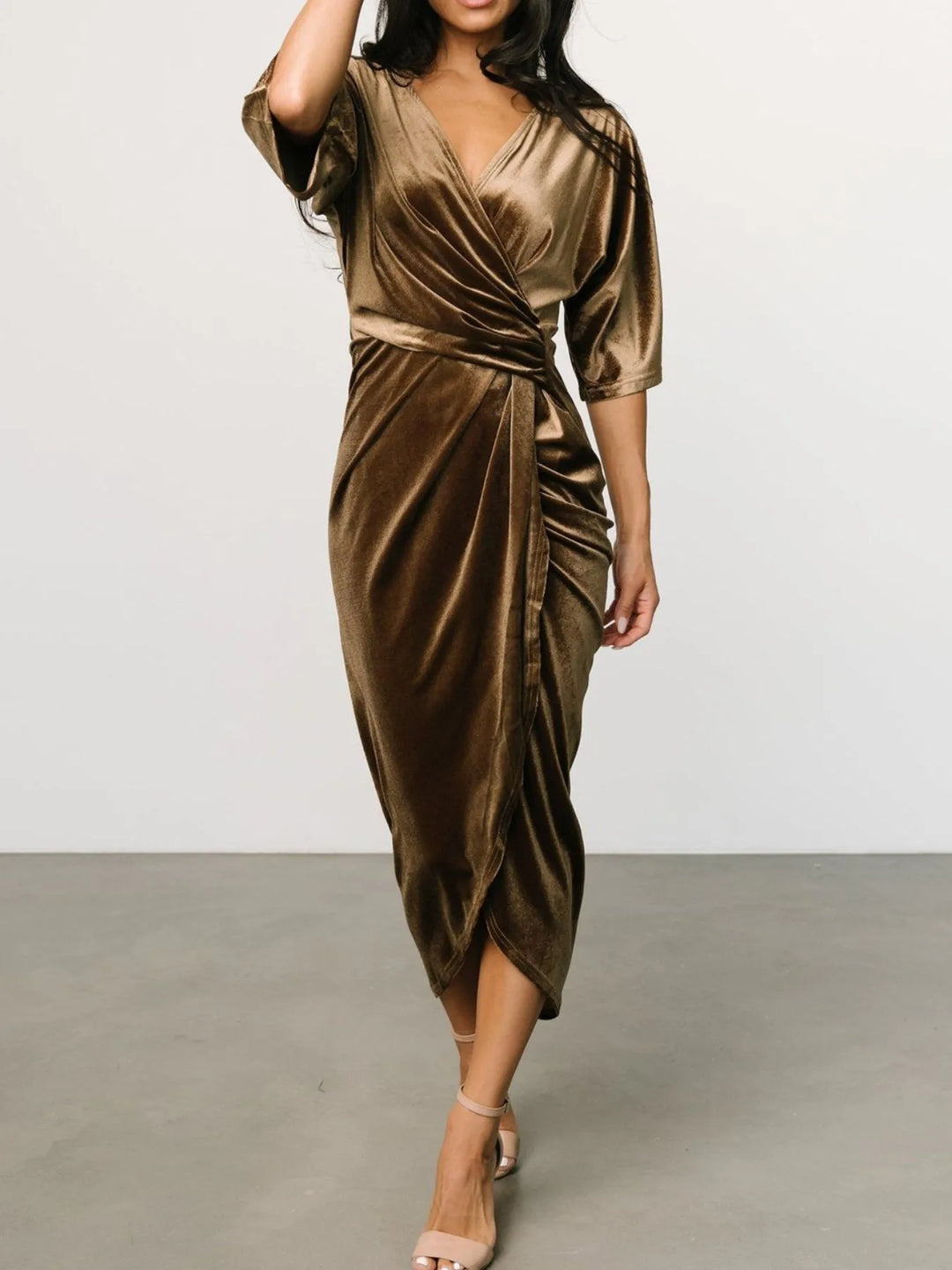 Camel Ruched velvet wrap midi dress with surplice v-neck