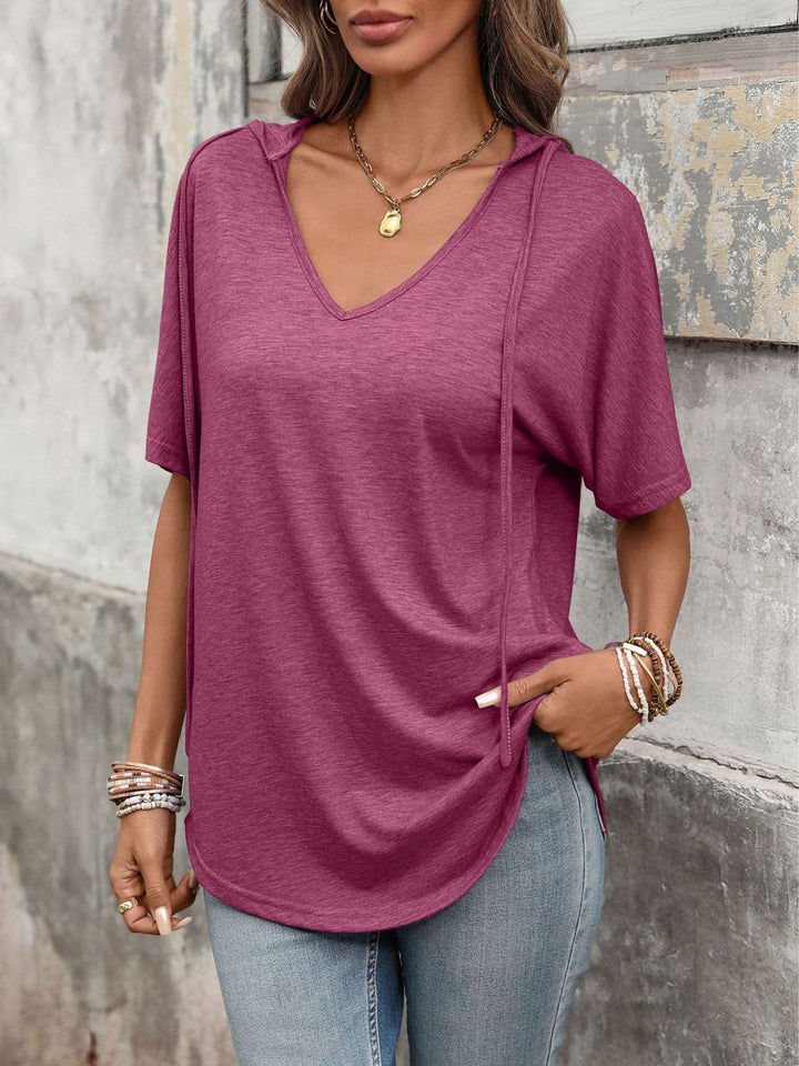 Hooded short sleeve tee with drawstring V-neck