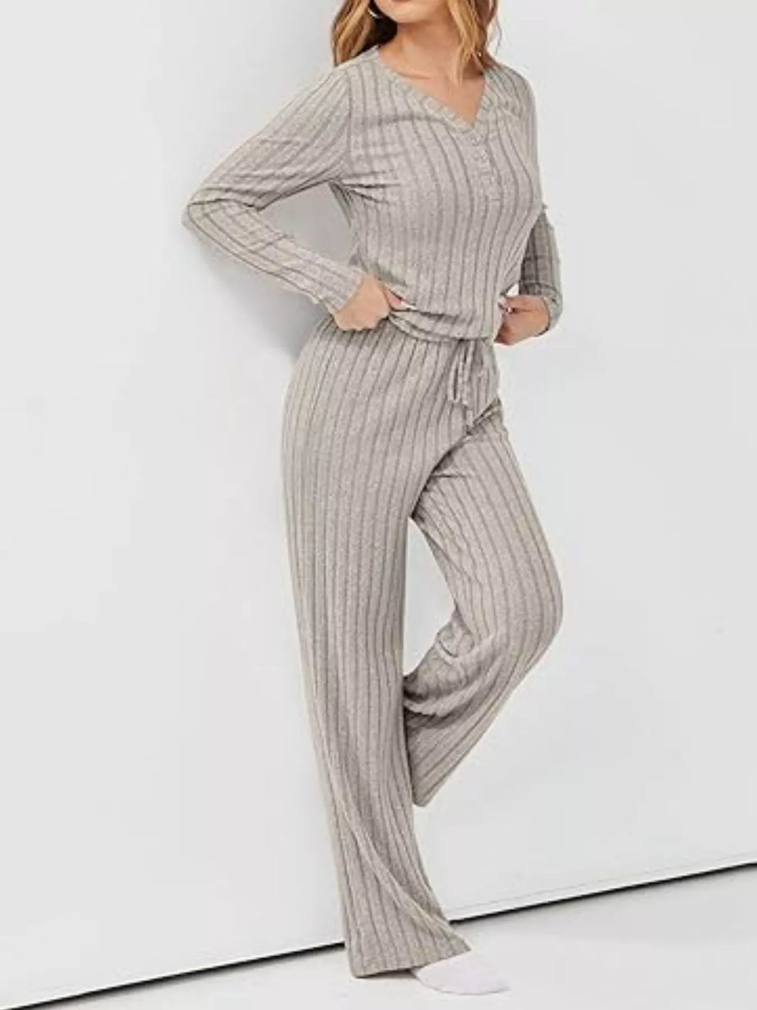 Ribbed knit henley top and wide leg pants lounge set
