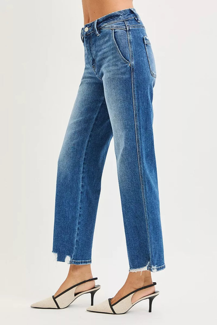 High-rise straight ankle jeans with distressed raw hem