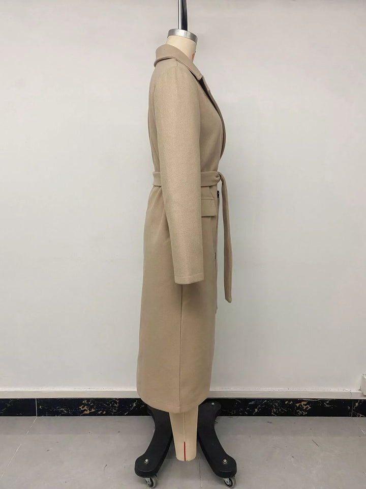Double-breasted longline coat with notch lapel and tie belt