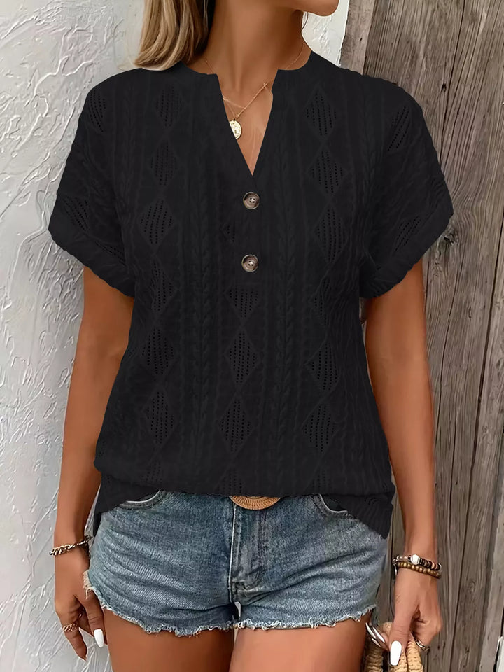 Diamond pointelle knit split-neck top with buttons