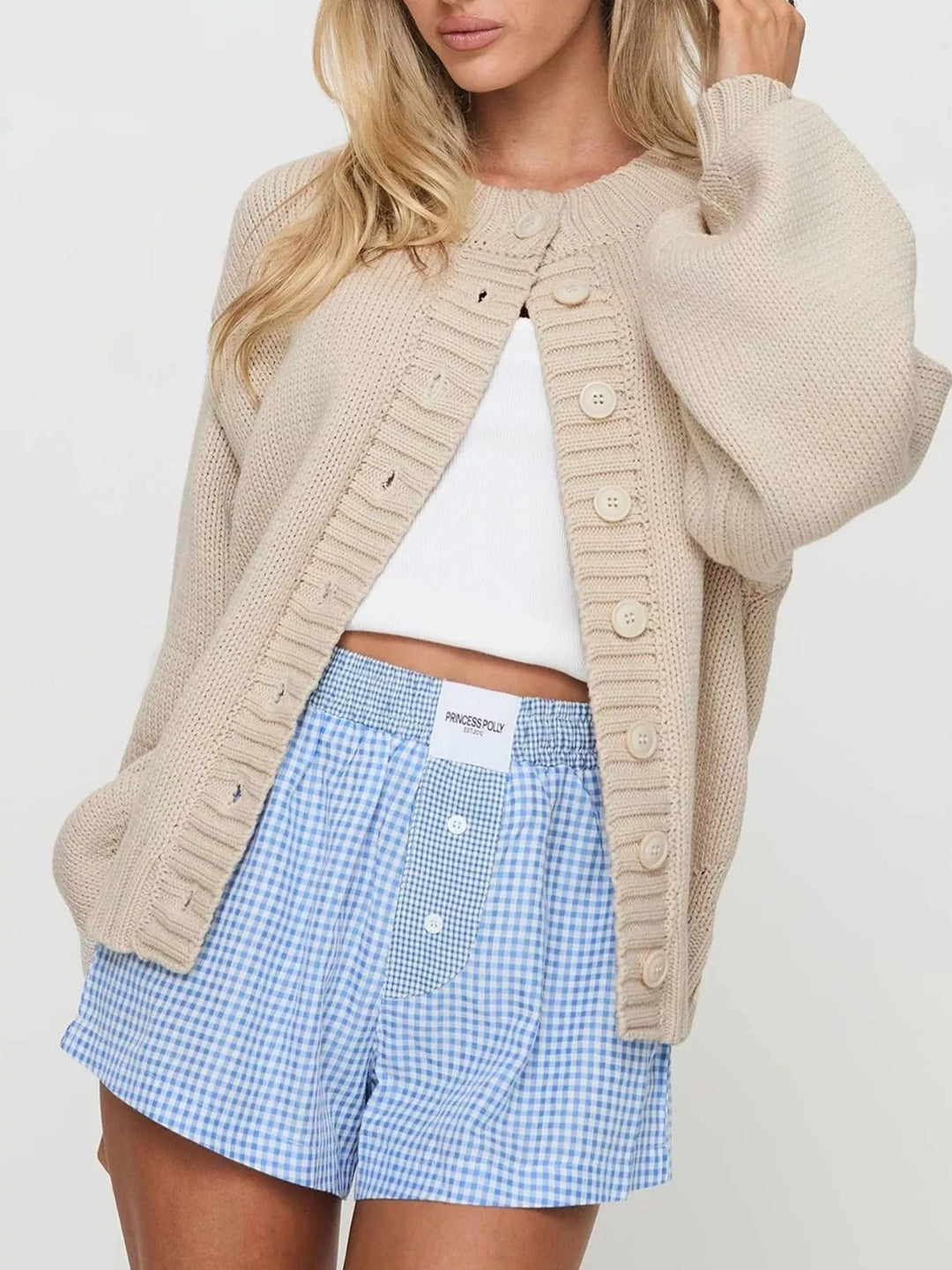 Beige Chunky knit button-up cardigan with ribbed trim
