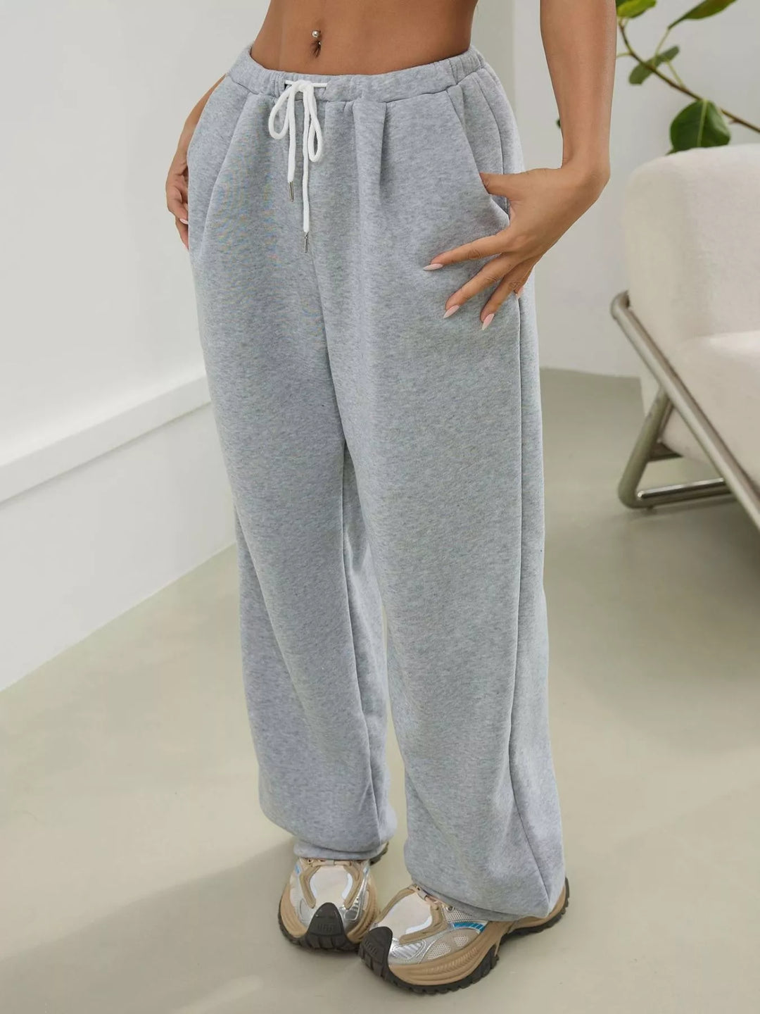 Light Gray High-waist wide-leg drawstring sweatpants