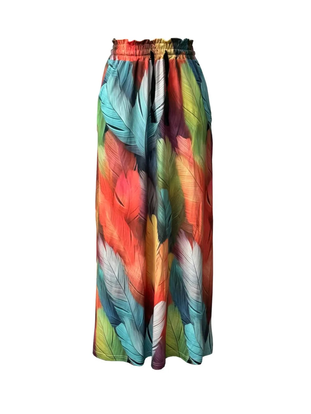 Feather print maxi skirt with drawstring waist and pockets
