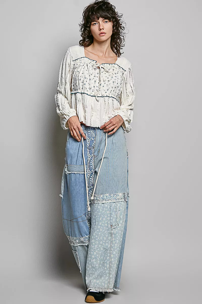 Square neck balloon sleeve boho top with floral panel