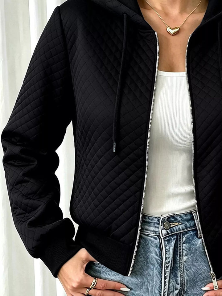 Diamond quilted zip-up hoodie jacket with drawstring hood