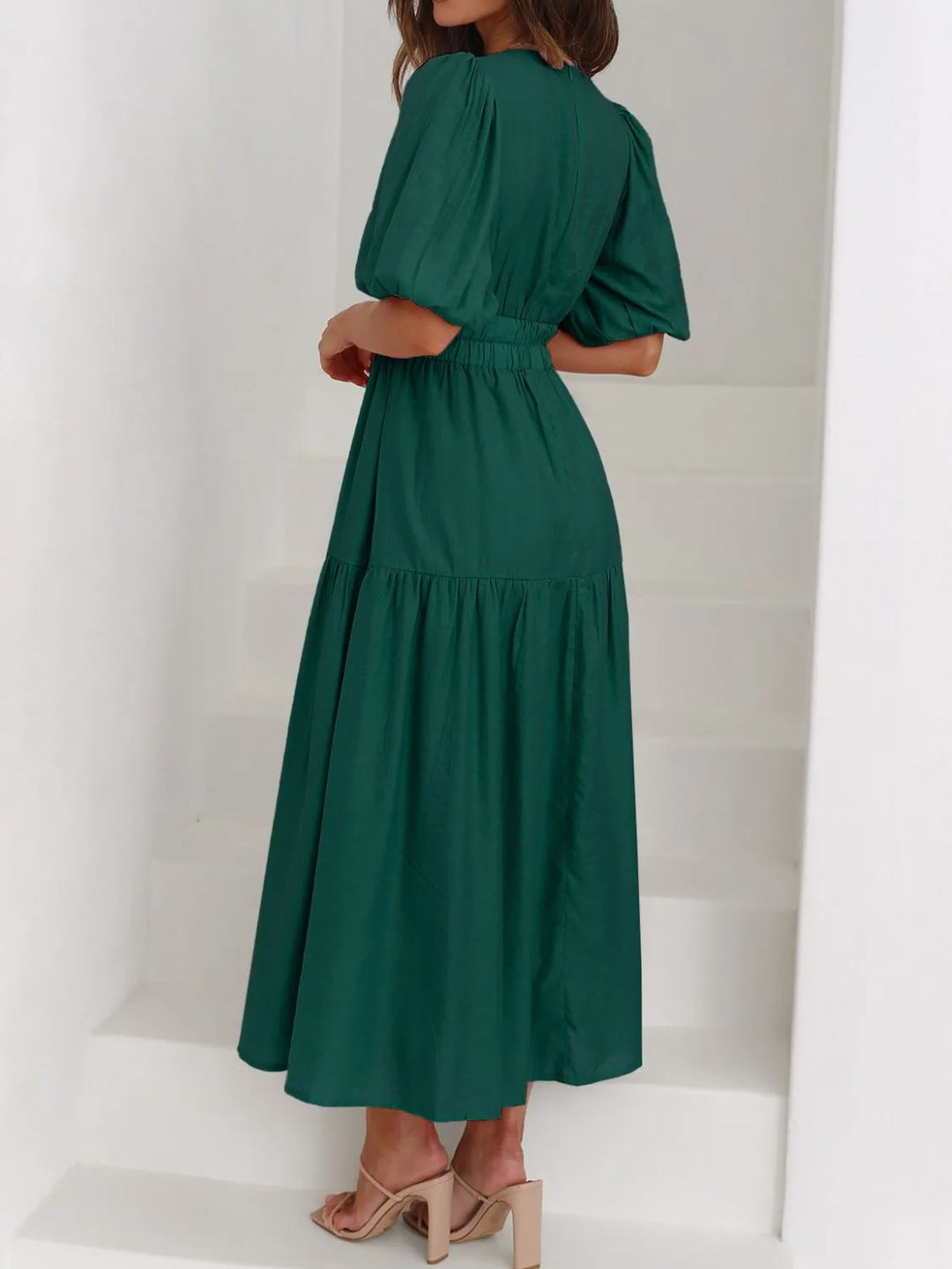 Ruched waist puff sleeve v-neck tiered midi dress