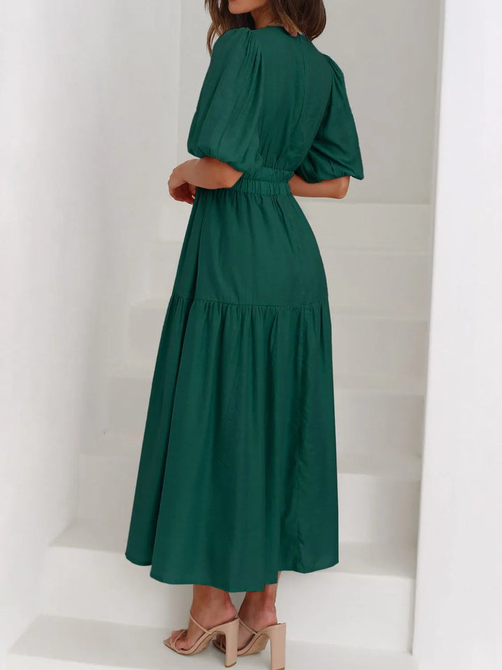 Ruched waist puff sleeve v-neck tiered midi dress
