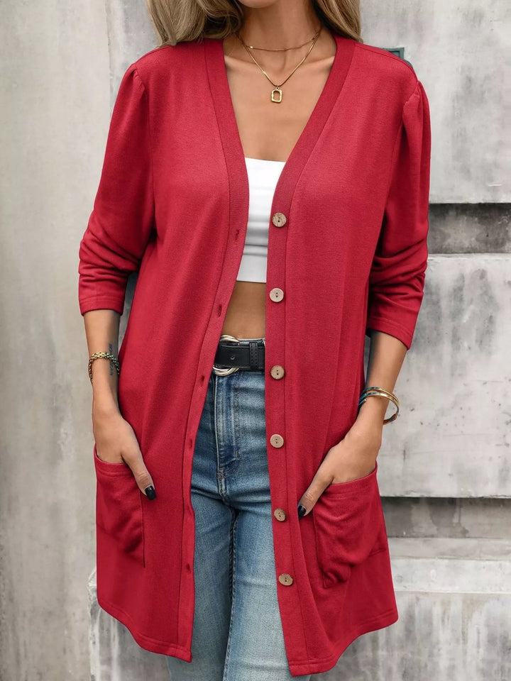 Red Longline V-neck button-front cardigan with patch pockets