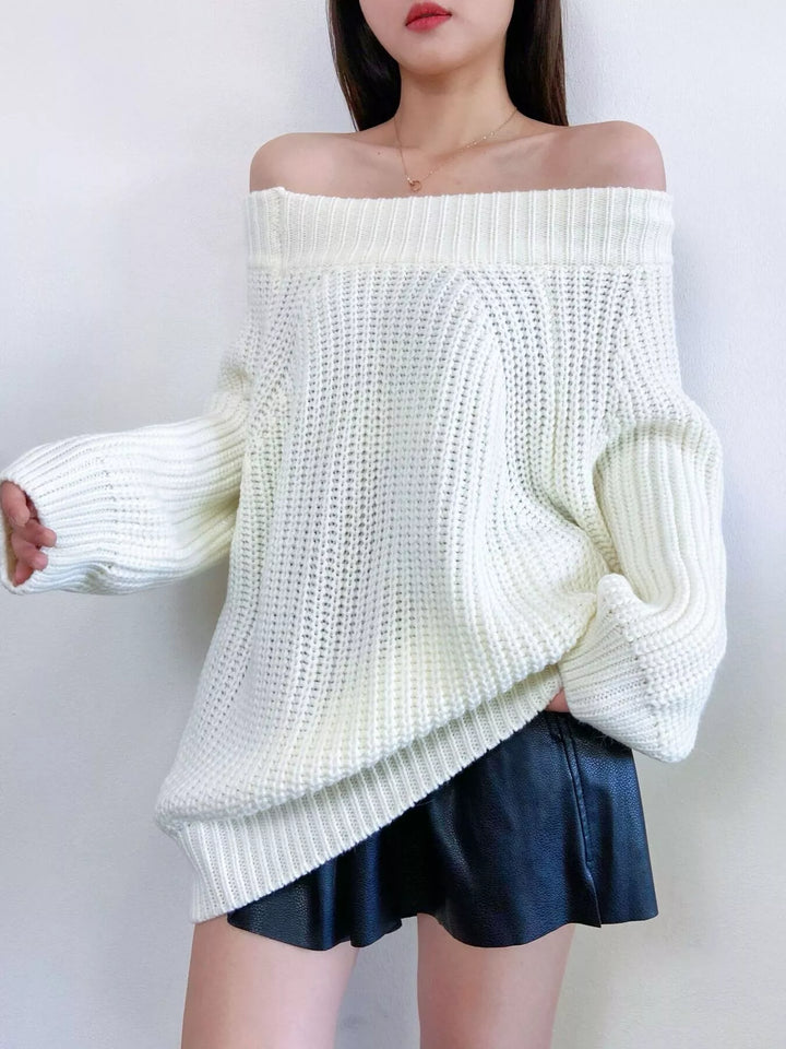 Off-shoulder chunky ribbed knit pullover sweater