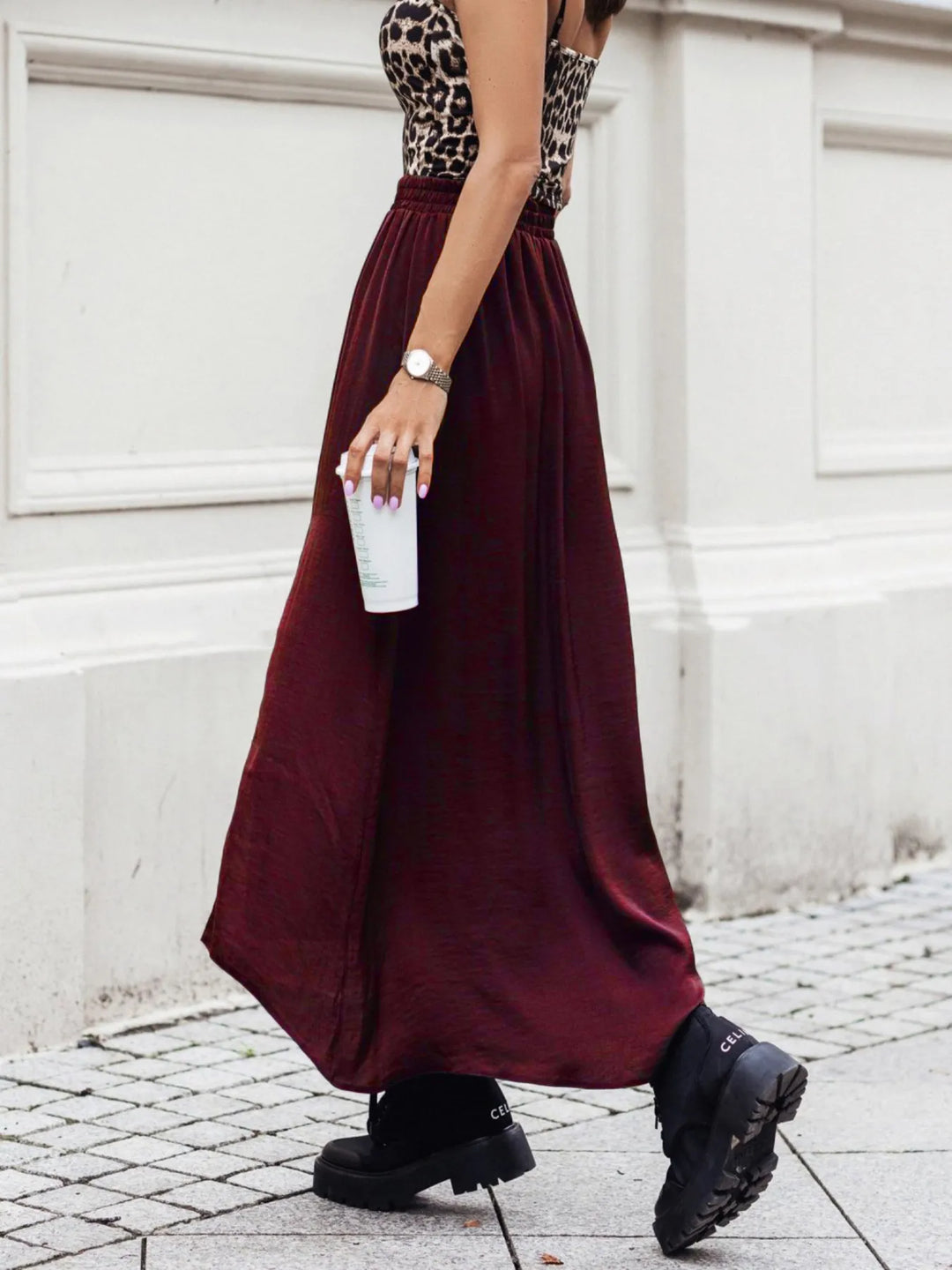 High-slit pull-on maxi skirt with elastic waist