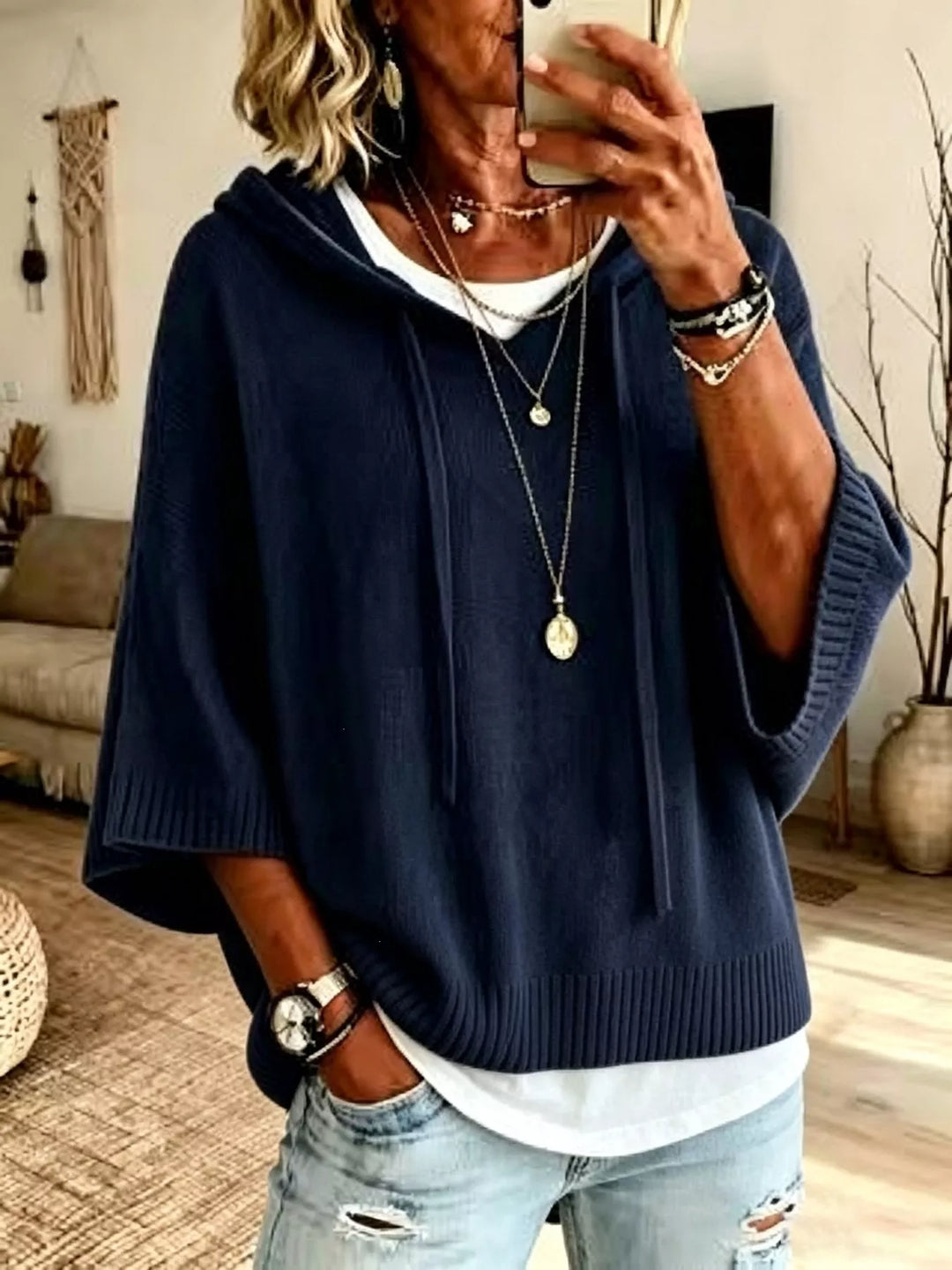 Hooded batwing sleeve knit sweater with drawstring