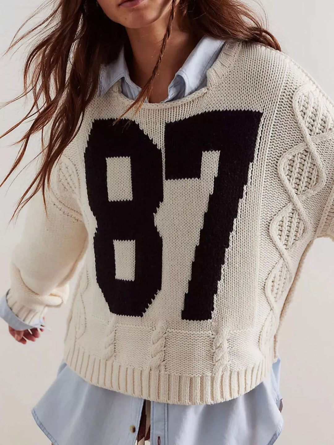 Apricot Varsity 87 cable-knit crew neck pullover sweater