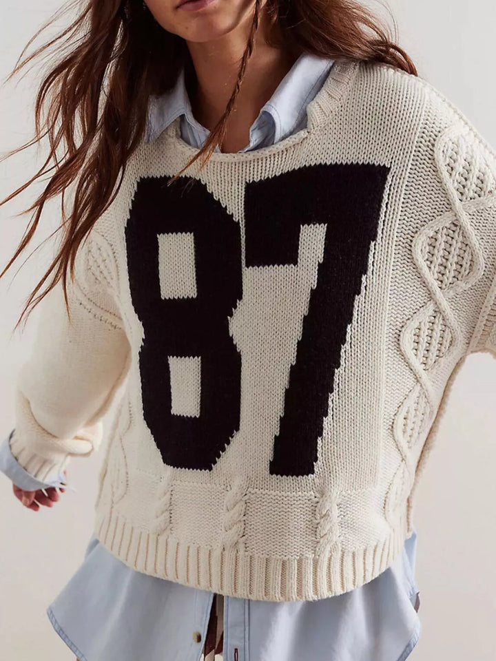 Apricot Varsity 87 cable-knit crew neck pullover sweater