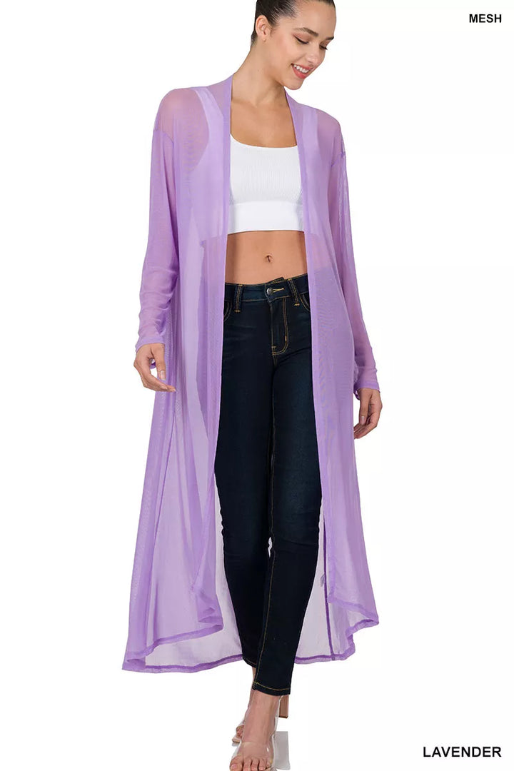 Sheer mesh open-front duster cardigan with long sleeves