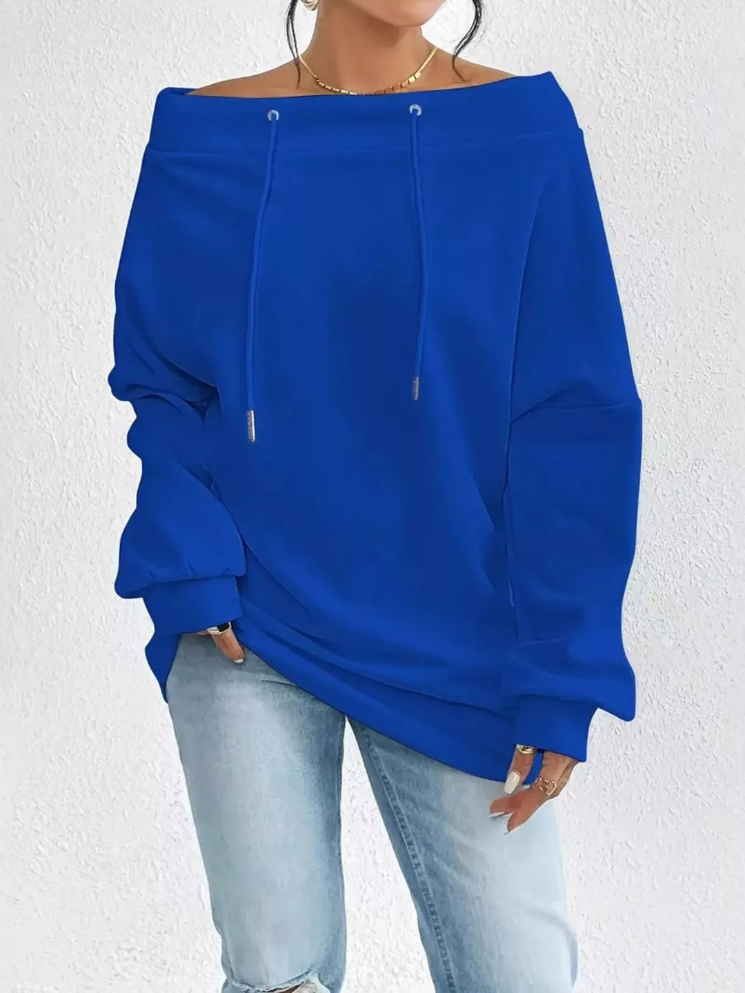 Royal Blue Off-shoulder drawstring sweatshirt with ribbed cuffs