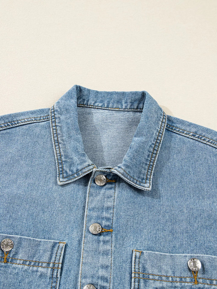 Oversized denim jacket with patch pockets and side ties