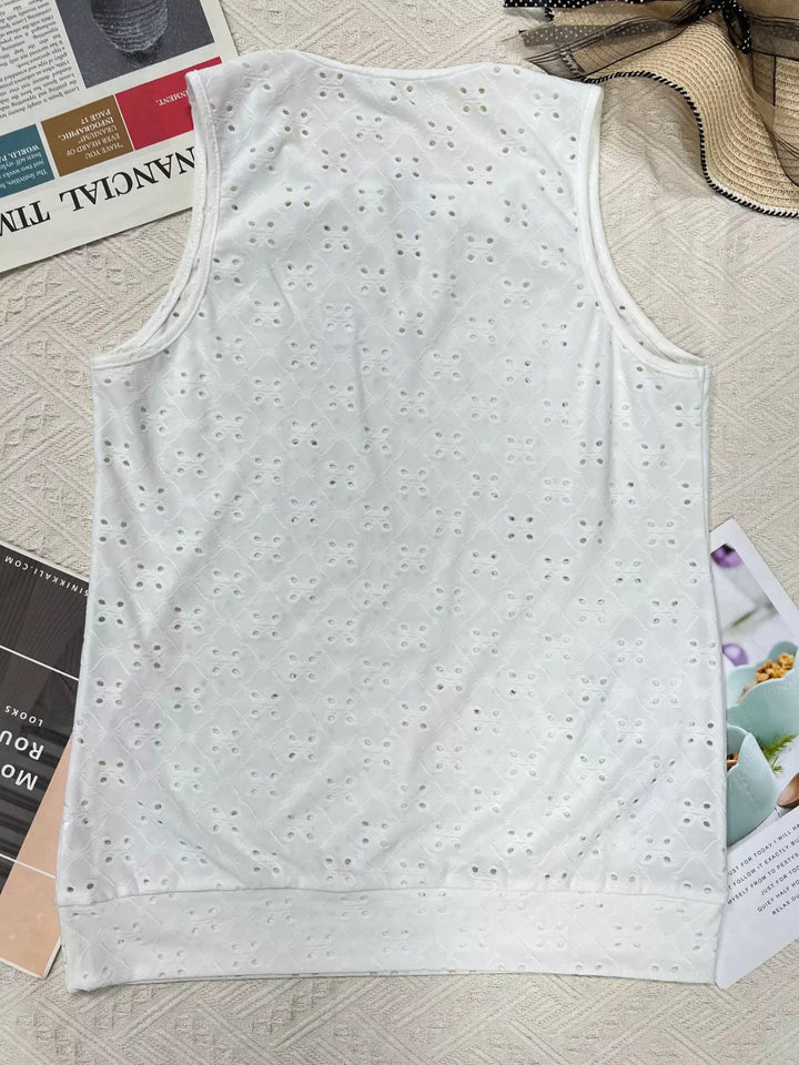 Eyelet sleeveless cami with keyhole neckline and metal ring accent