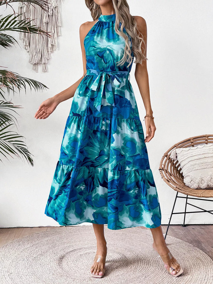 Watercolor floral halter midi dress with tiered skirt