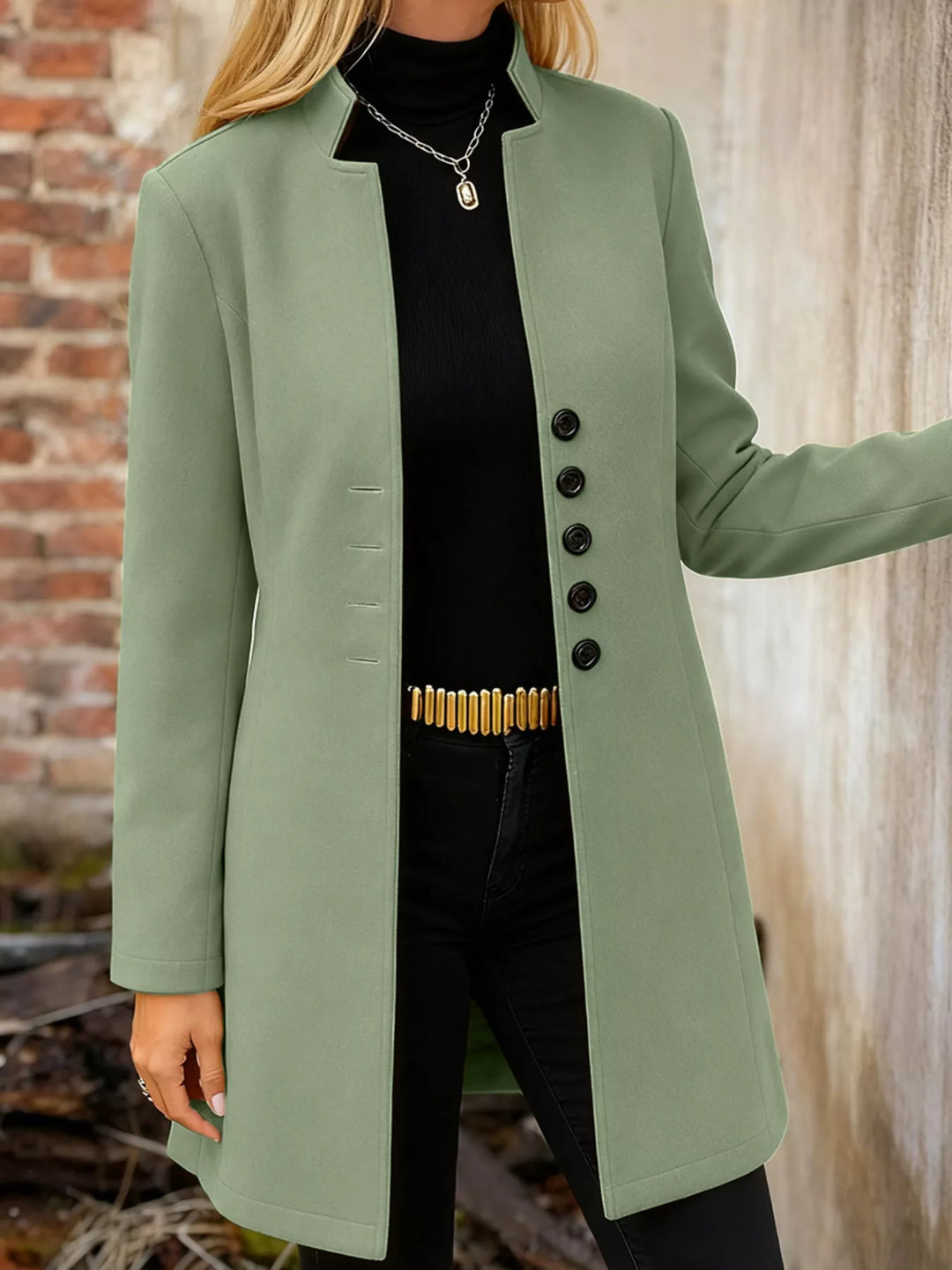 Matcha Green Single-breasted stand-collar longline coat