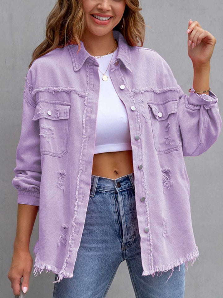 Distressed drop shoulder denim jacket with fringe hem