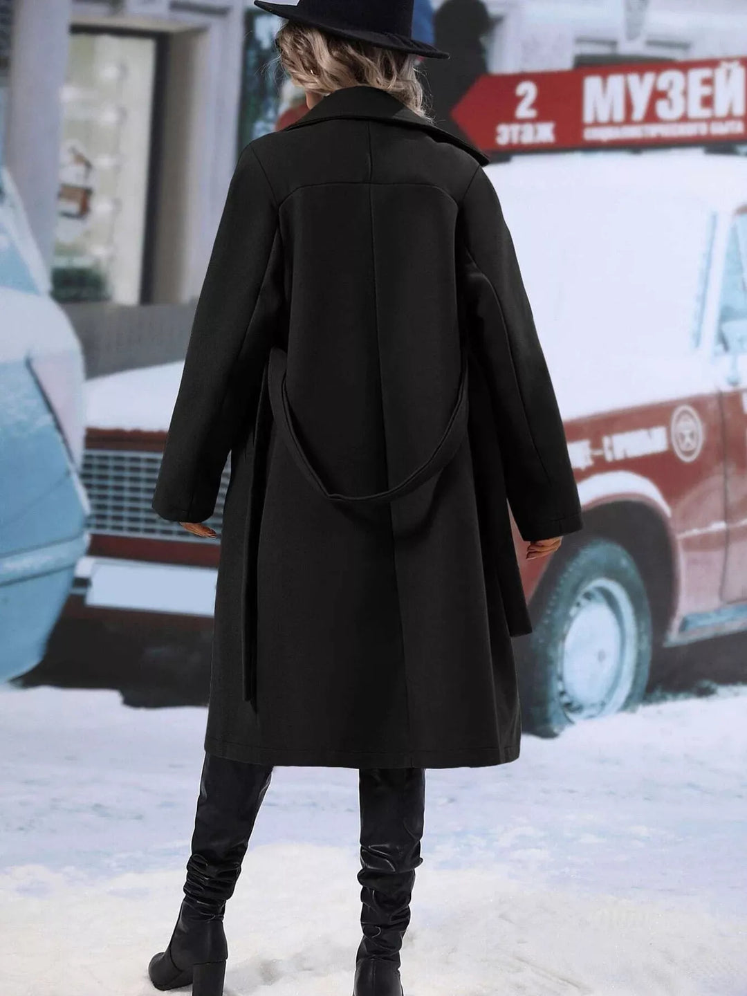 Double-breasted belted longline overcoat with lapel collar