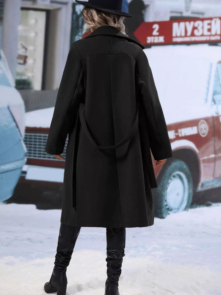 Double-breasted belted longline overcoat with lapel collar